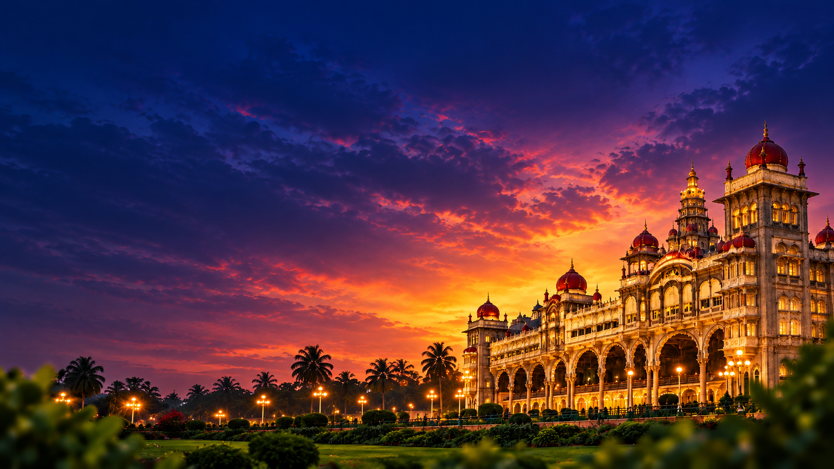 Mysore Palace illuminated at sunset, Mysuru, Karnataka